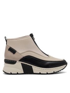 Rieker Botki N6352-60 Beżowy. Brązowe botki Rieker, bez wzorów, z materiału, bez obcasa, na koturnie, bez zapięcia. Za 229,99 zł.