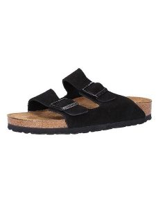 Birkenstock Skórzane klapki "Arizona" w kolorze czarnym rozmiar: 41. Czarne klapki Birkenstock, bez wzorów, ze skóry, z otwartym noskiem, bez obcasa. Za 460,12 zł.