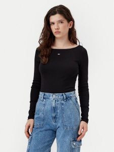 Tommy Jeans Bluzka DW0DW21350 Czarny Slim Fit. Czarne bluzki Tommy Jeans, l, bez wzorów, z bawełny, bez kołnierzyka, bez ramiączek. Za 189,99 zł.