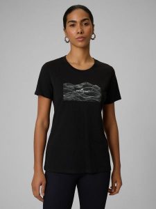 4F T-shirt regular z nadrukiem damski - czarny XS. Czarne t-shirty 4f, xs, bez wzorów, z bawełny, bez kołnierzyka, bez ramiączek. Za 59,99 zł.