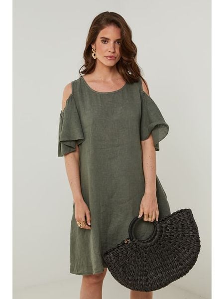 Rodier Lin Lniana sukienka w kolorze khaki rozmiar: S/M. Brązowe sukienki Rodier Lin, m, bez wzorów, ze lnu, bez kołnierzyka, bez ramiączek, midi. Za 140,86 zł.