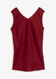 Top z czystego lnu. Brązowe topy bonprix, bez wzorów, eleganckie, bez kołnierzyka, bez ramiączek. Za 79,99 zł.