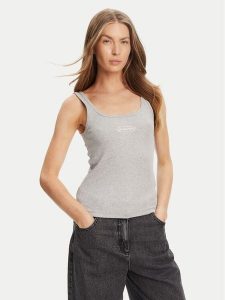 Guess Jeans Top W5YP35 KA0H1 Szary Regular Fit. Szare topy Guess Jeans, xxl, z aplikacjami, z bawełny, bez kołnierzyka, bez ramiączek. Za 109,99 zł.