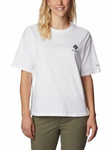 Columbia Koszulka "North Cascades™" w kolorze białym rozmiar: XS. Białe bluzki Columbia, xs, bez wzorów, z bawełny, bez kołnierzyka, bez ramiączek. Za 48,28 zł.