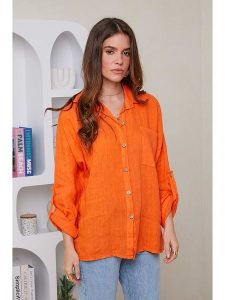 Rodier Lin Lniana koszula w kolorze pomarańczowym rozmiar: L/XL. Pomarańczowe koszule Rodier Lin, l, bez wzorów, ze lnu, bez kołnierzyka, bez ramiączek. Za 154,07 zł.