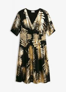 Sukienka z dżerseju ze złotym nadrukiem. Czarne sukienki bonprix, bez wzorów, z dżerseju, eleganckie, bez kołnierzyka, bez ramiączek. Za 139,99 zł.