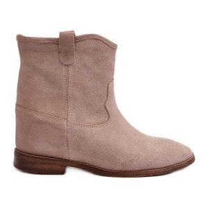 Zazoo 2326 Zamszowe Wsuwane Botki Damskie Beżowe beżowy. Brązowe botki bez wzorów, ze skóry, bez obcasa, na koturnie, bez zapięcia. Za 413,91 zł.
