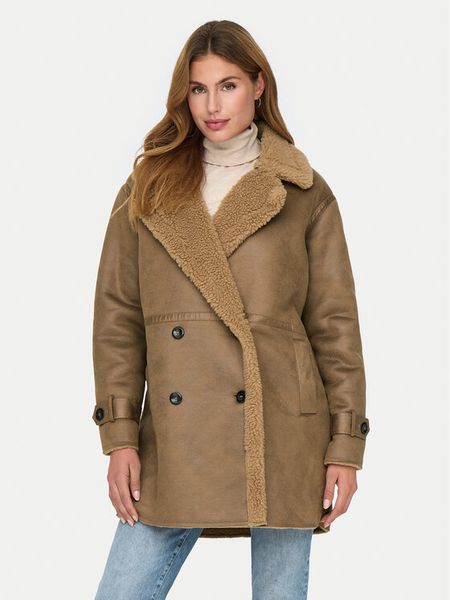 ONLY Kożuch Ylva 15322402 Brązowy Regular Fit. Brązowe płaszcze ONLY, l, bez wzorów, ze skóry, bez kaptura. Za 219,99 zł.