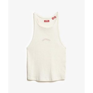 Tank top z plecami typu racer i logiem dla kobiet Superdry Essential. Białe topy Superdry, bez wzorów, bez kołnierzyka, bez ramiączek. W wyprzedaży za 95,85 zł.