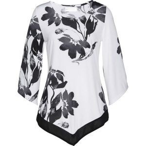 Tunika shirtowa w roślinny wzór. Niebieskie tuniki bonprix, bez wzorów, eleganckie, bez kołnierzyka, bez ramiączek. Za 124,99 zł.