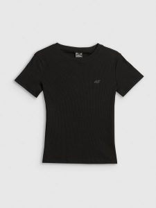 4F T-shirt slim prążkowany damski - czarny XS. Czarne t-shirty 4f, xs, bez wzorów, z dzianiny, bez kołnierzyka, bez ramiączek. Za 49,99 zł.