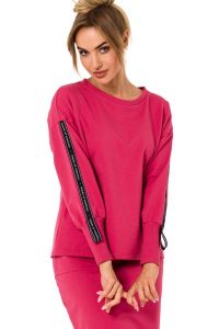 Dresowa Bluza z Lampasami - Koralowa. Pomarańczowe bluzy MOE, l, bez wzorów, z bawełny, bez kaptura. Za 217,39 zł.