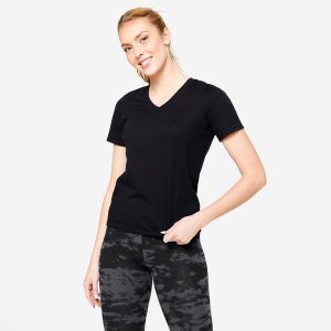 Koszulka z krótkim rękawem damska Domyos Gym & Pilates. Białe bluzki NYAMBA, xs, bez wzorów, z bawełny, sportowe, bez kołnierzyka, bez ramiączek. Za 39,99 zł.