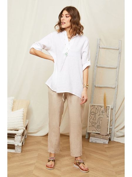 Rodier Lin Lniana bluzka w kolorze białym rozmiar: L/XL. Białe bluzki Rodier Lin, l, bez wzorów, ze lnu, bez kołnierzyka, bez ramiączek. Za 109,52 zł.