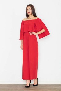 Czerwony Elegancki Kombinezon 2w1 z Odkrytymi Ramionami. Czerwone kombinezony Figl, l, bez wzorów, z materiału, eleganckie, bez kołnierzyka, bez ramiączek. Za 319,00 zł.