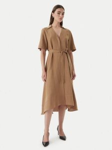 Marella Sukienka koszulowa Detto 2615221082 Brązowy Regular Fit. Brązowe sukienki Marella, bez wzorów, ze lnu, bez kołnierzyka, bez ramiączek, koszulowe. Za 599,99 zł.