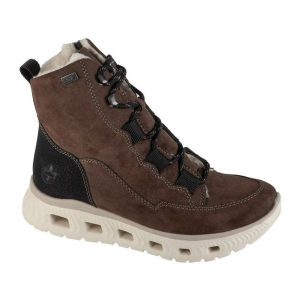 Buty Rieker Booties M6012-2 brązowe. Brązowe botki bez wzorów, z gumy, bez obcasa, bez zapięcia. Za 490,62 zł.