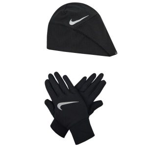 Rękawiczki sportowe damskie Nike Wmns Essential Running Hat-Glove Set. Czarne rękawiczki Nike, bez wzorów. Za 333,99 zł.
