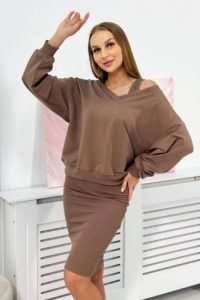 Komplet bluzka + sukienka prążkowana mocca. Sukienki KESI, na co dzień, l, bez wzorów, z bawełny, eleganckie, bez kołnierzyka, bez ramiączek. Za 292,73 zł.