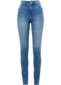 "Dżinsy Slim Fit ""super-stretch"", high waist". Niebieskie jeansy bonprix, bez wzorów, z jeansu, z podwyższonym stanem. Za 129,99 zł.