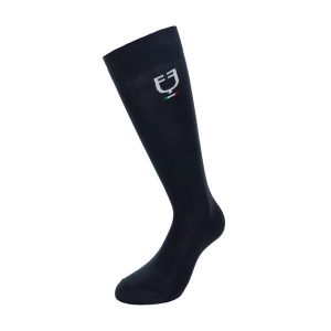 Elastyczne skarpety techniczne do jazdy konnej z włoską flagą. Niebieskie skarpetki EQUESTRO, bez wzorów. Za 85,96 zł.