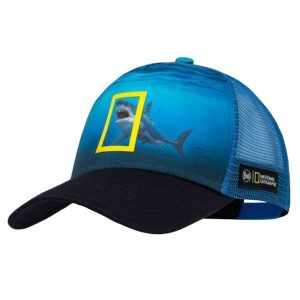 Czapka z daszkiem dla dorosłych Buff National Geographic Trucker Cap L/XL. Niebieskie czapki Buff, bez wzorów, z elastanu, sportowe. Za 73,99 zł.