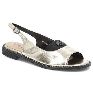 Sandały damskie S. Barski, na płaskim obcasie z ozdobą ze sprzączką eleganckie, złote, KV51-021. Żółte sandały S.BARSKI, z aplikacjami, bez obcasa, na płaskiej podeszwie, bez zapięcia. Za 109,00 zł.