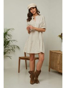Fleur de Lin Lniana sukienka "Gabin" w kolorze beżowym rozmiar: XL. Brązowe sukienki Fleur de Lin, na co dzień, xl, bez wzorów, ze lnu, bez kołnierzyka, bez ramiączek, mini, proste. Za 118,84 zł.