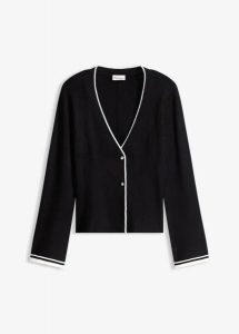 Sweter rozpinany z prążkowanej mieszanki wiskozy. Czarne kardigany bonprix, prążkowane, bez kołnierzyka. Za 119,99 zł.