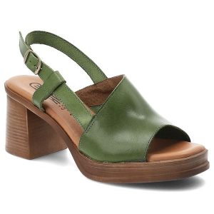 Sandały damskie Hee, cholewka skóra naturalna otwarty przód regulowany pasek zapięcie na sprzączkę odkryta pięta stabilny obca, zielone, 26544. Zielone sandały Hee, bez wzorów, ze skóry, z otwartym noskiem, bez obcasa, na obcasie, bez zapięcia. Za 379,00 zł.