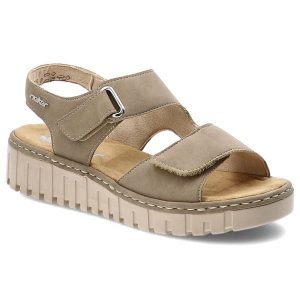 Sandały damskie Rieker, cholewka ze skóry ekologicznej z materiałowym wnętrzem zapinane na rzep, beżowe, V1382-64. Brązowe sandały Rieker, bez wzorów, z materiału, bez obcasa, bez zapięcia. Za 319,00 zł.