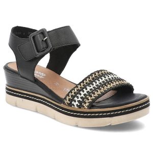 Sandały damskie Remonte, na koturnie skórzane na rzep eleganckie i wygodne, czarne, D2L55-03. Czarne sandały Remonte, bez wzorów, bez obcasa, na koturnie, bez zapięcia. Za 299,00 zł.