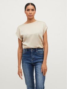 Vila T-Shirt Ellette 14059563 Beżowy Regular Fit. Brązowe t-shirty Vila, bez wzorów, z syntetyku, bez kołnierzyka, bez ramiączek. Za 69,99 zł.