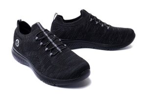 RIEKER N9474-45 sneaker grey, półbuty damskie. Czarne półbuty Rieker, bez wzorów, bez obcasa, bez zapięcia. Za 139,95 zł.