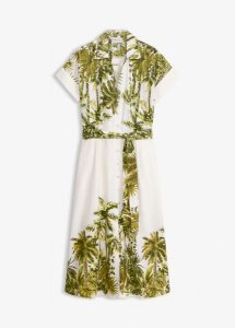 Sukienka szmizjerka z wiązanym paskiem. Białe sukienki bonprix, bez wzorów, eleganckie, bez kołnierzyka, bez ramiączek, szmizjerki. Za 59,99 zł.