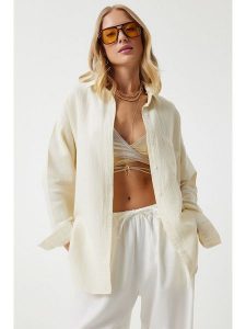 Happiness Istanbul Koszula w kolorze kremowym rozmiar: 36. Brązowe koszule Happiness Istanbul, bez wzorów, z bawełny, bez kołnierzyka, bez ramiączek. Za 86,99 zł.