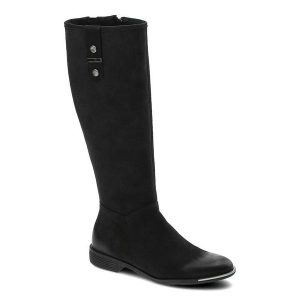 Czarne Kozaki Chebello Damskie Stylowe Obuwie. Czarne kozaki CheBello, bez wzorów, z nubiku, przed kolano, bez obcasa, na obcasie, bez zapięcia. Za 299,00 zł.