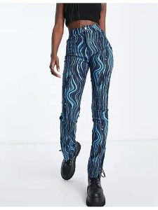 Monki Spodnie w kolorze granatowo-turkusowym rozmiar: 36. Niebieskie spodnie z wysokim stanem Monki, bez wzorów, z materiału, z podwyższonym stanem. Za 43,99 zł.