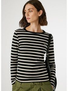 Pepe Jeans Koszulka "Bani" w kolorze kremowo-czarnym rozmiar: XS. Brązowe bluzki Pepe Jeans, xs, bez wzorów, z jeansu, bez kołnierzyka, bez ramiączek. Za 109,52 zł.