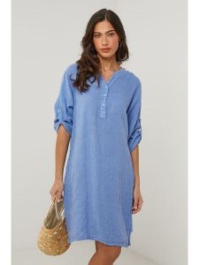 Le Monde du Lin Lniana sukienka w kolorze niebieskim rozmiar: 36/38. Niebieskie sukienki Le Monde du Lin, bez wzorów, ze lnu, klasyczne, bez kołnierzyka, bez ramiączek, mini. Za 152,99 zł.