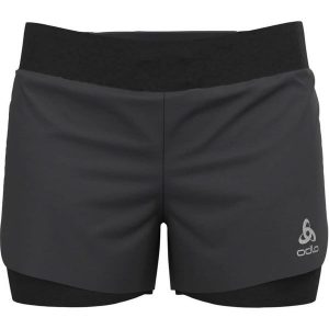 Spodenki do biegania damskie Odlo 2-in-1 ZEROWEIGHT. Czarne szorty ODLO, bez wzorów, sportowe. Za 266,23 zł.