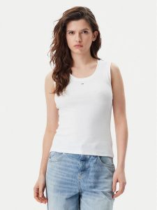 Tommy Jeans Top Essential DW0DW20673 Biały Slim Fit. Białe topy Tommy Jeans, xxs, bez wzorów, z bawełny, bez kołnierzyka, bez ramiączek. Za 99,99 zł.