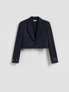 Krótka marynarka z aplikacjami - granatowy. Niebieskie marynarki i żakiety Reserved, l, z aplikacjami, z tkaniny. Za 159,99 zł.