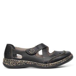 Półbuty Rieker. Czarne półbuty Rieker, bez wzorów, bez obcasa, na płaskiej podeszwie, bez zapięcia. Za 329,99 zł.