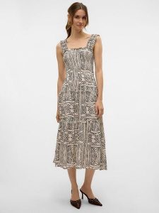Vero Moda Sukienka w kolorze beżowym rozmiar: XS. Brązowe sukienki Vero Moda, na imprezę, s, bez wzorów, z wiskozy, klasyczne, bez kołnierzyka, bez ramiączek, midi. Za 153,95 zł.