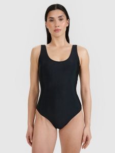 4F Kostium kąpielowy jednoczęściowy damski - czarny S. Czarne szorty 4f, bez wzorów, z elastanu, eleganckie. Za 129,99 zł.