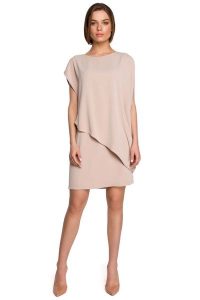 Krótka Dwuwarstwowa Sukienka - Beżowa. Brązowe sukienki MOE, l, bez wzorów, z elastanu, wizytowe, bez kołnierzyka, bez ramiączek, mini. Za 324,90 zł.