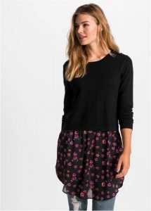 Sweter z wstawką w optyce spódnicy. Czarne sukienki bonprix, bez wzorów, z materiału, bez kołnierzyka, bez ramiączek. Za 119,99 zł.