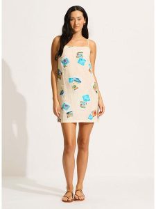 Seafolly Sukienka w kolorze kremowo-turkusowym rozmiar: XS. Białe sukienki Seafolly, na co dzień, xs, bez wzorów, bez kołnierzyka, bez ramiączek, mini, proste. Za 144,92 zł.