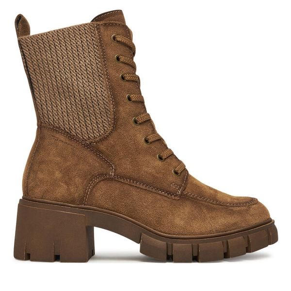 Trzewiki Tamaris. Brązowe botki Tamaris, bez wzorów, bez obcasa, na słupku, bez zapięcia. Za 479,99 zł.